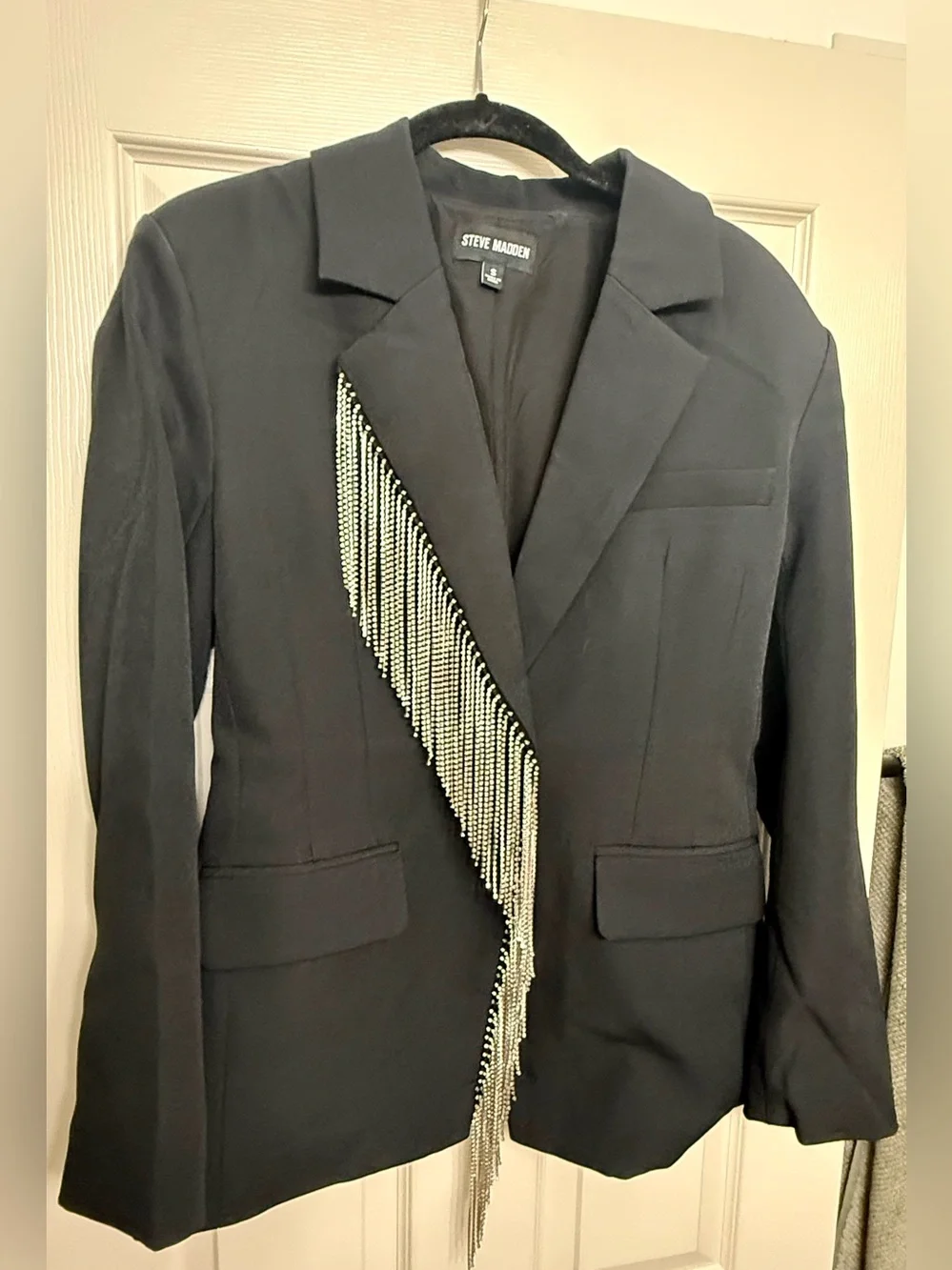 Steve Madden Black Crystal Fringe Blazer Jacket